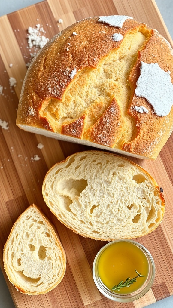 A rustic loaf of no-knead bread with a golden crust, sliced to show the soft interior, on a wooden board with olive oil.